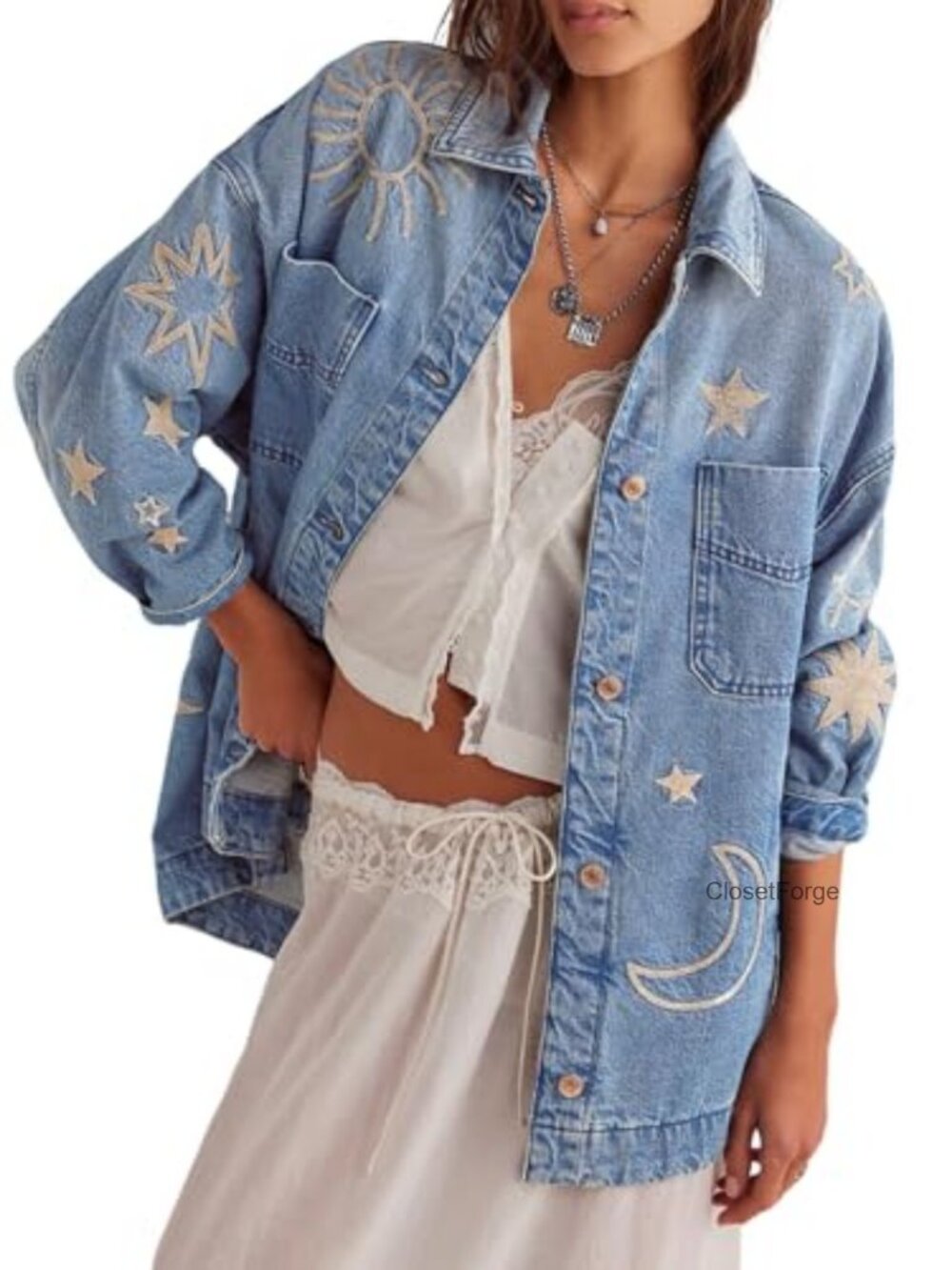Oversized Embroidered Denim Jacket Women Casual Loose Fit Button Down